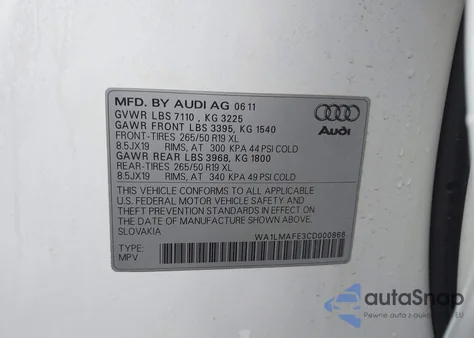2012 Audi Q7 3.0 Tdi Premium z USA, uszkodzony, nr VIN WA1LMAFE3CD000866